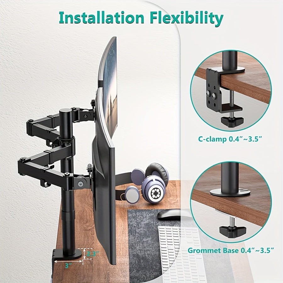 Ergonomic Dual Monitor Stand | For Two 13-32 inch Screens | Holds Up to 22lbs per Screen | 360° Rotation With Cable Organizer