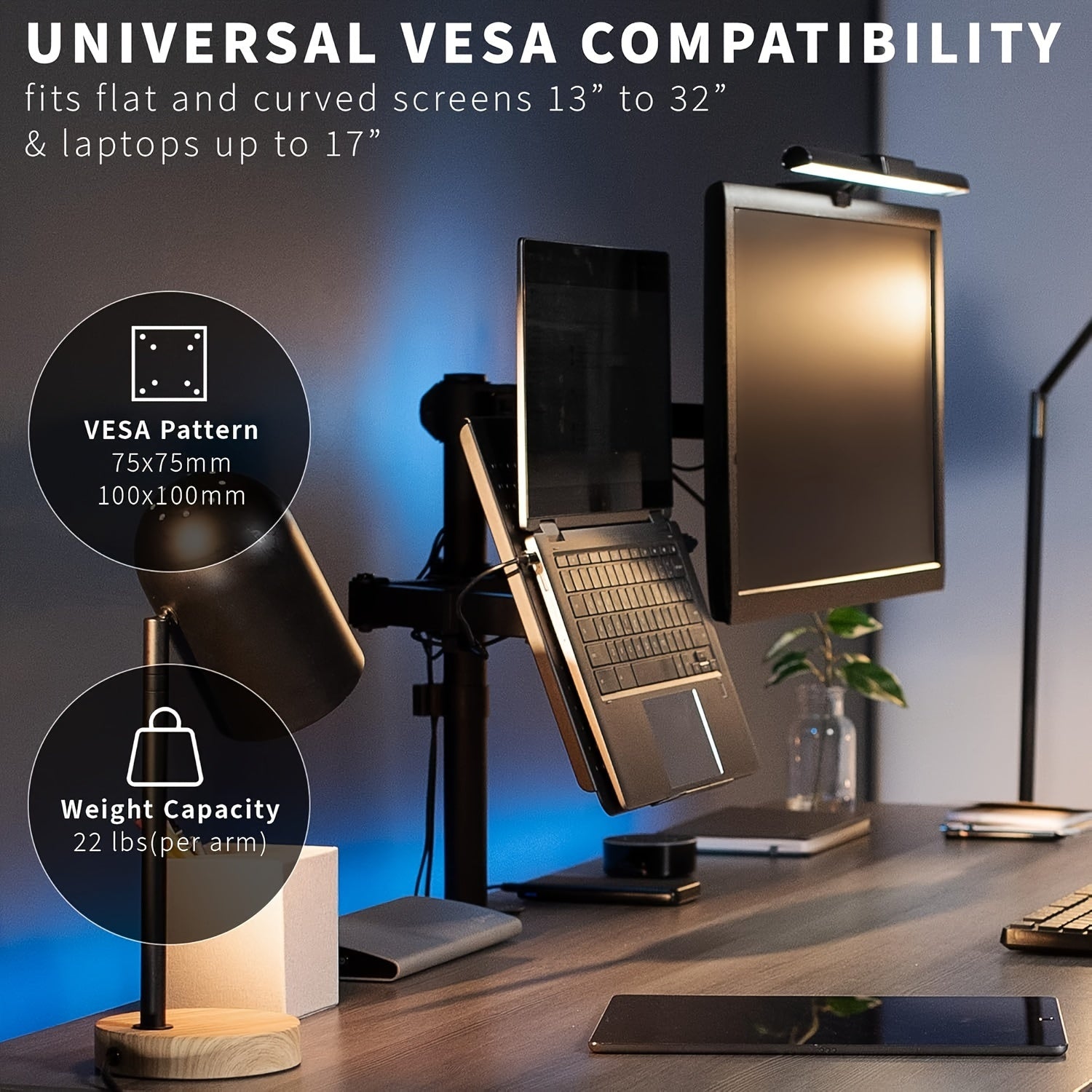 LOCSEE Adjustable Aluminium Monitor Stand with Rotating Arm & Laptop Holder | Fits 13″–32″ Screens, Up to 17″ Laptops, Supports 10 kg