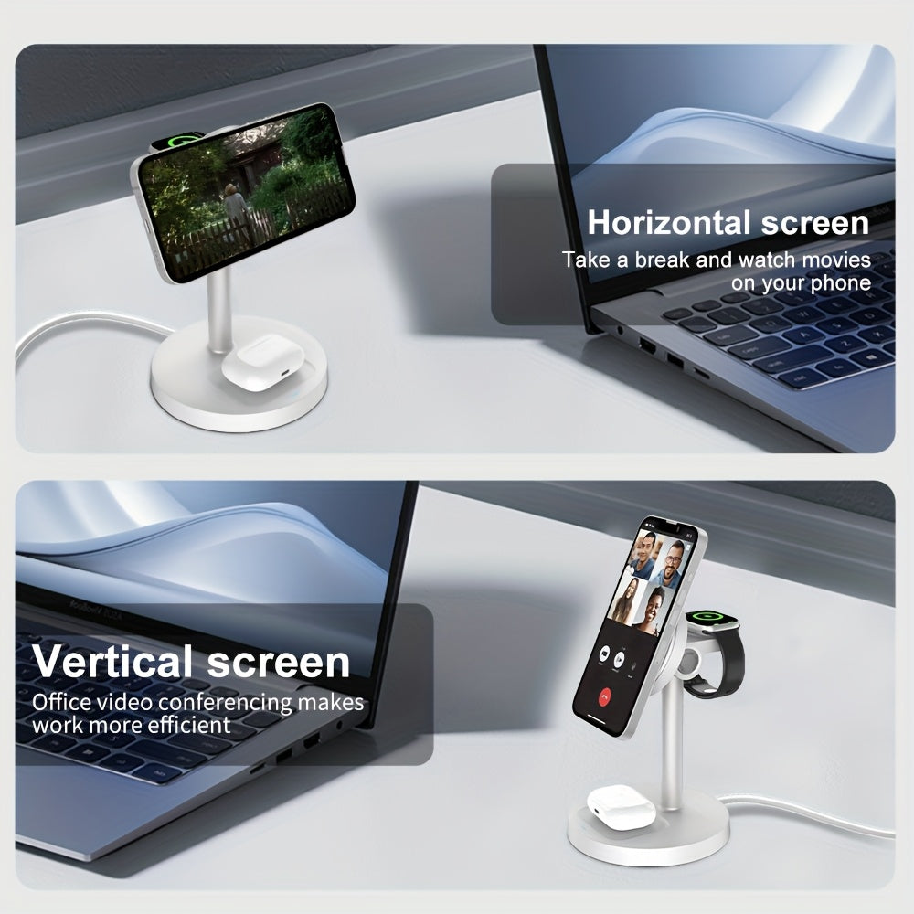 3-in-1 Magnetic Wireless Charger Stand | Adjustable | Heat Dissipation | For iPhone, Apple Watch & AirPods
