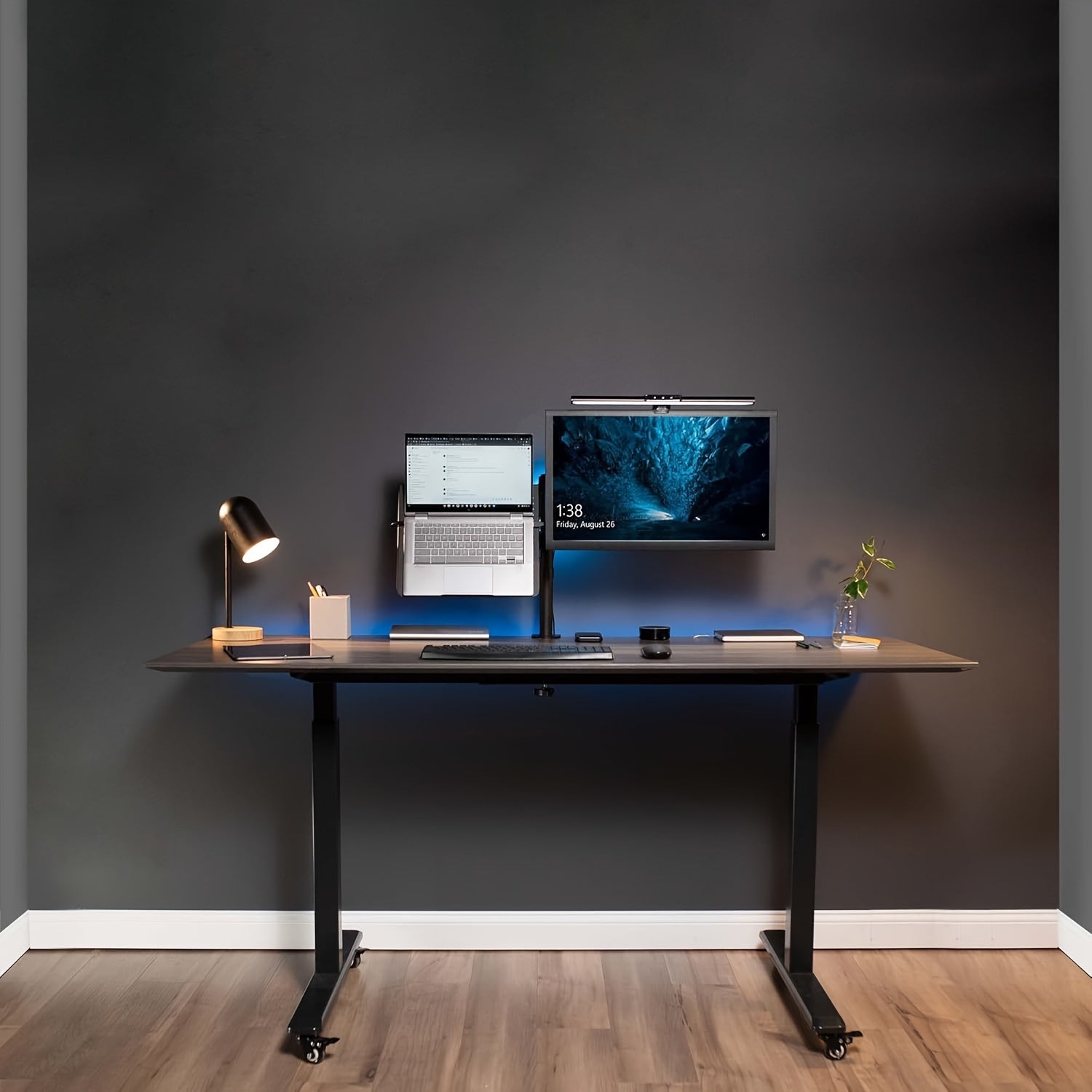LOCSEE Adjustable Aluminium Monitor Stand with Rotating Arm & Laptop Holder | Fits 13″–32″ Screens, Up to 17″ Laptops, Supports 10 kg