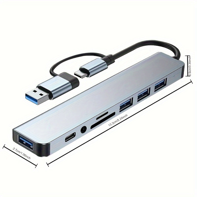 8-Port USB-C Aluminium Hub | USB 3.0, USB 2.0, SD/TF Card Reader & Audio Jack for MacBook, iPad, Laptops