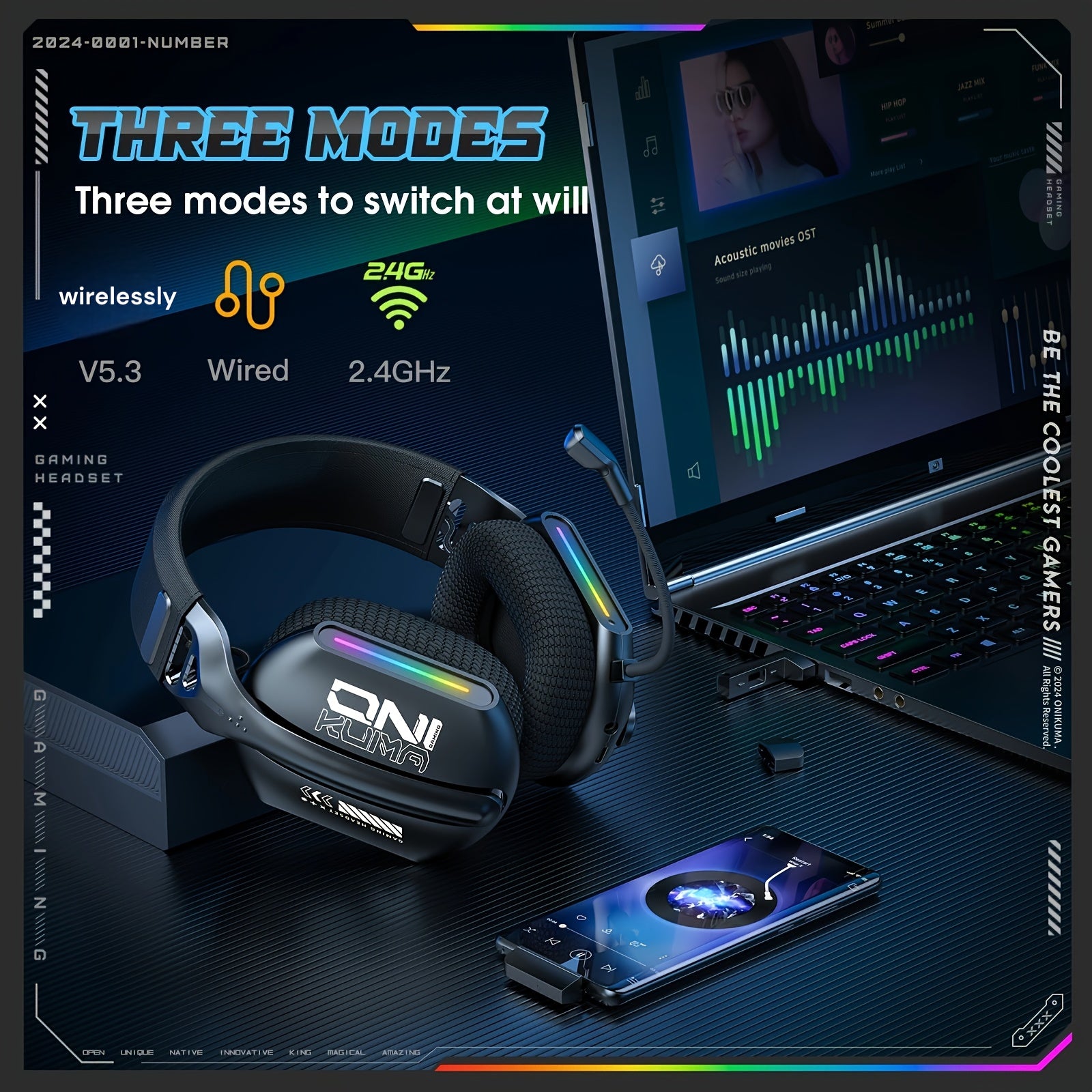 ONIKUMA Tri-Mode Wireless Gaming Headset | 2.4GHz | BT 5.3 | For PS5, PC & FPS Gamers | Modern & Compact Style