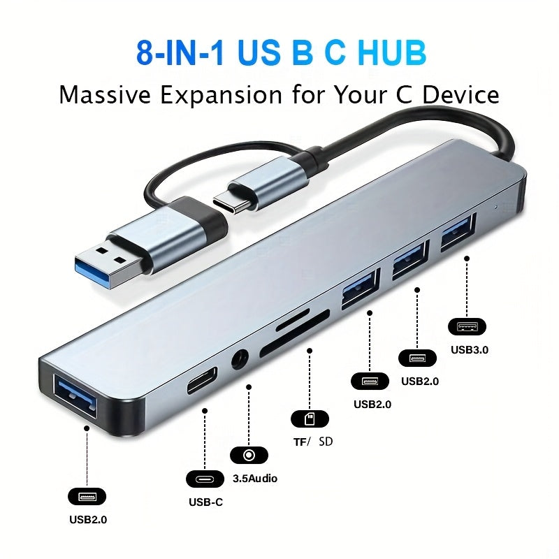 8-Port USB-C Aluminium Hub | USB 3.0, USB 2.0, SD/TF Card Reader & Audio Jack for MacBook, iPad, Laptops