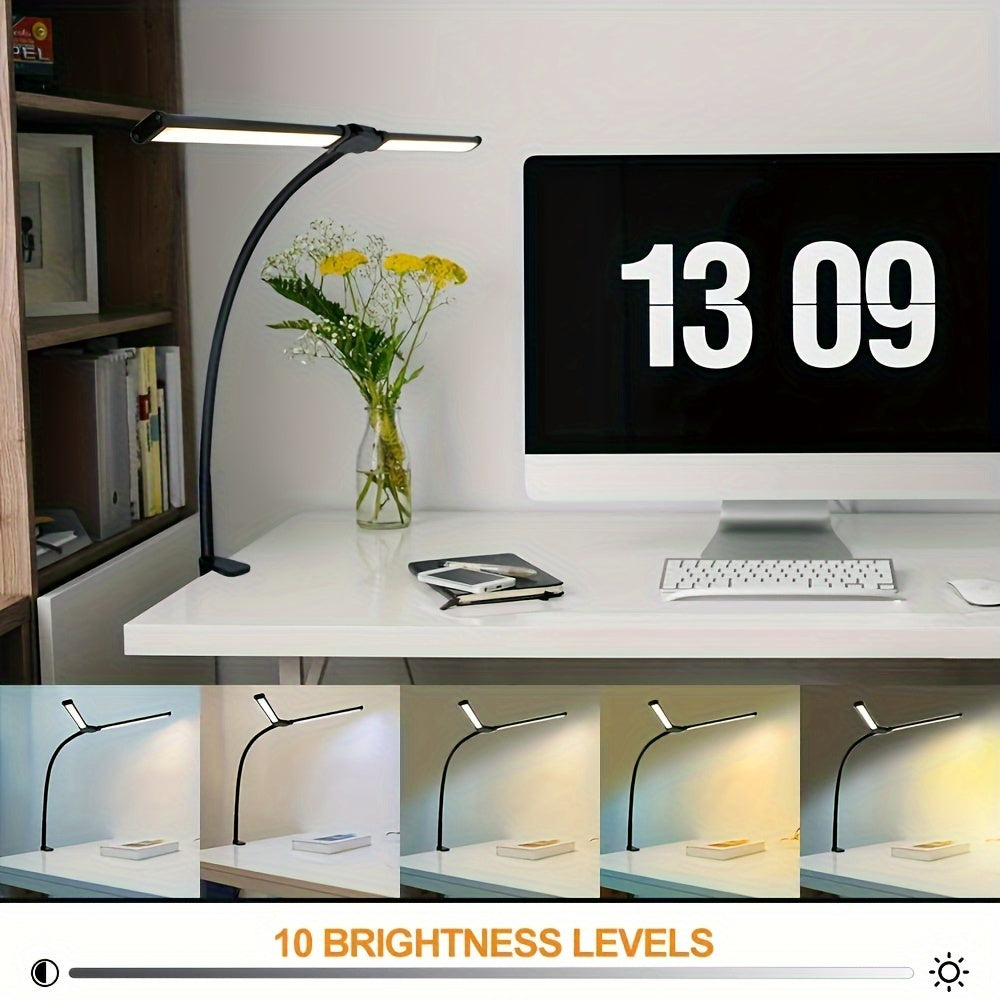 2-Head LED Clip Desk Lamp | 3 Modes | 10 Brightness Levels | With USB Adapter