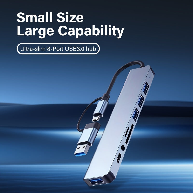 8-Port USB-C Aluminium Hub | USB 3.0, USB 2.0, SD/TF Card Reader & Audio Jack for MacBook, iPad, Laptops