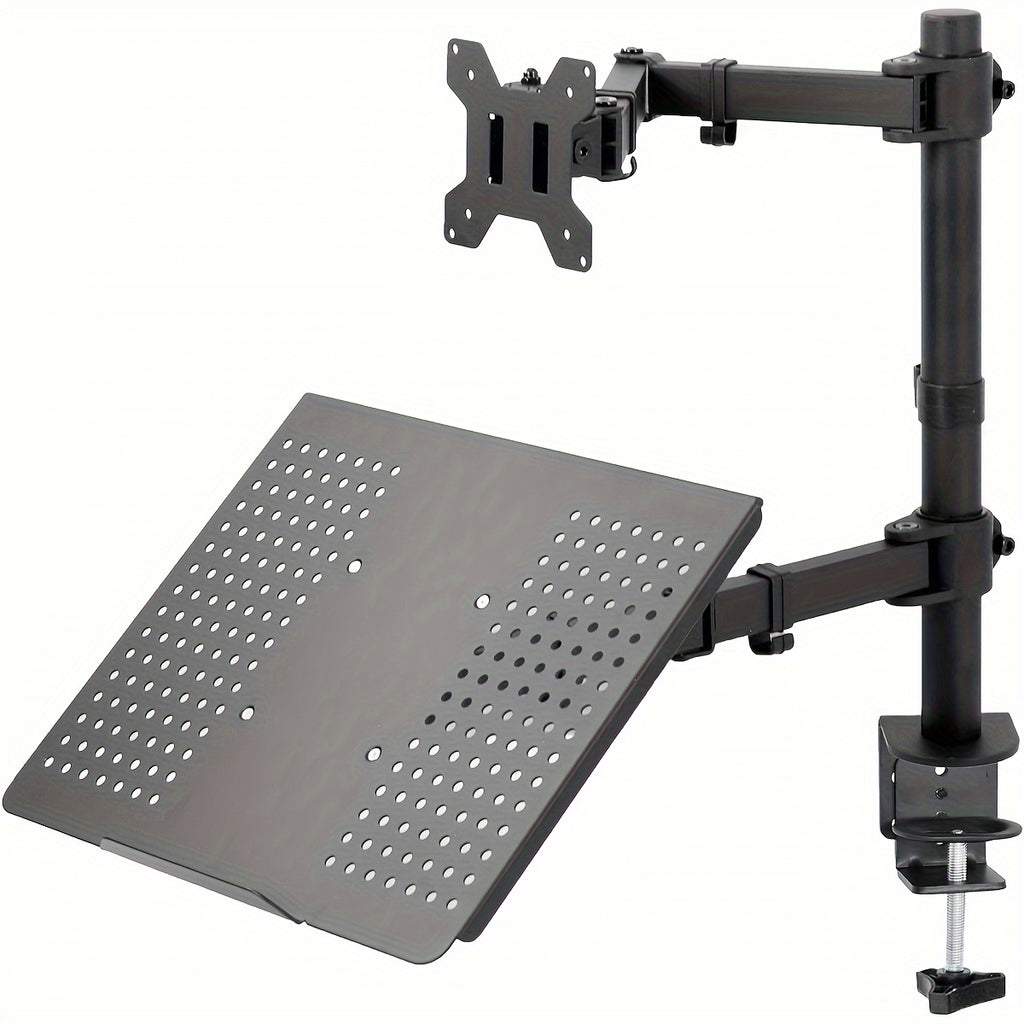 LOCSEE Adjustable Aluminium Monitor Stand with Rotating Arm & Laptop Holder | Fits 13″–32″ Screens, Up to 17″ Laptops, Supports 10 kg