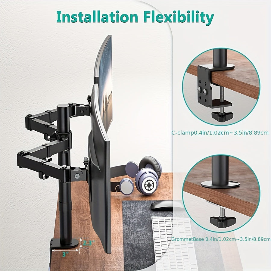 Ergonomic Dual Monitor Stand | For Two 13-32 inch Screens | Holds Up to 22lbs per Screen | 360° Rotation With Cable Organizer