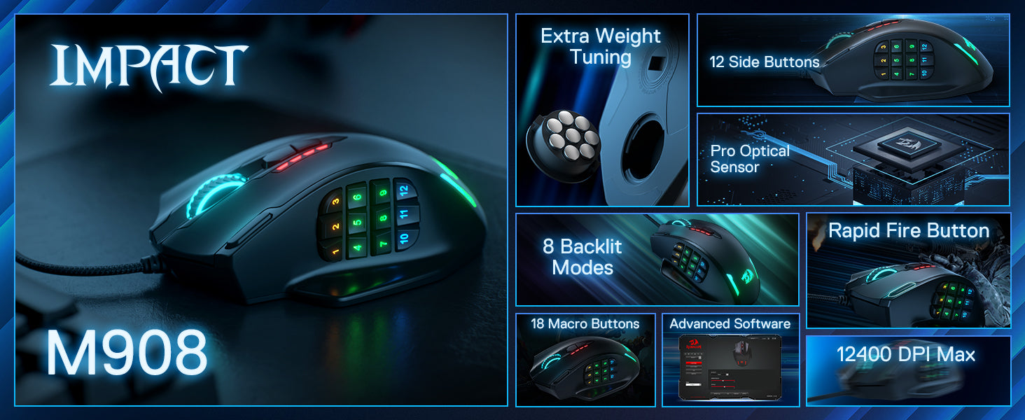 Redragon M908 Gaming Mouse 18 Programmable Mouse Buttons 12400 DPI