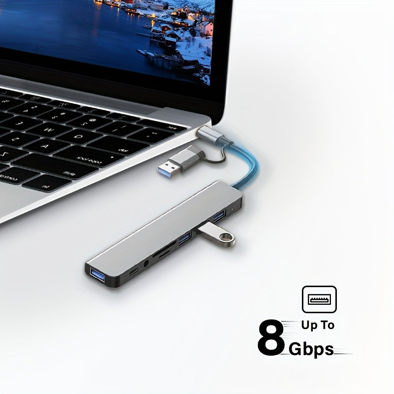 8-Port USB-C Aluminium Hub | USB 3.0, USB 2.0, SD/TF Card Reader & Audio Jack for MacBook, iPad, Laptops