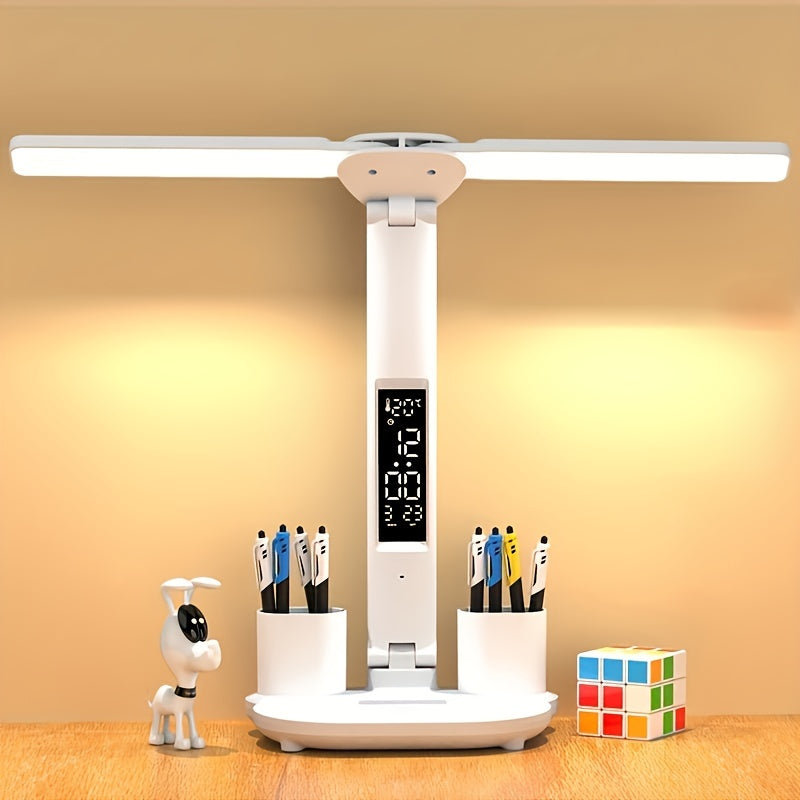 Multifunction LED Touch Desk Lamp | Foldable Dual-Head with Clock, Calendar & USB Cable