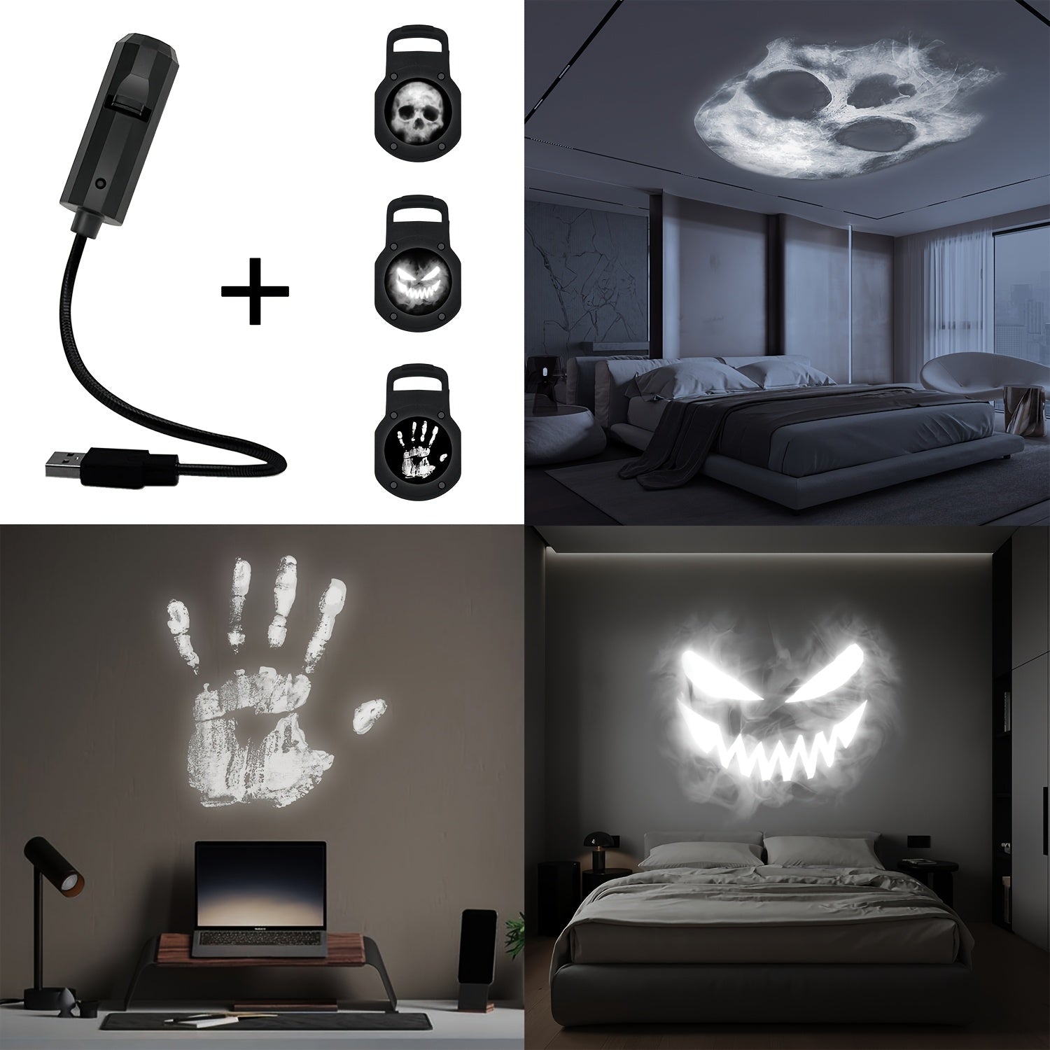 Skull LED Night Light | 360° Rotating USB Halloween Lamp with Interchangeable Faces | Projection Lamp