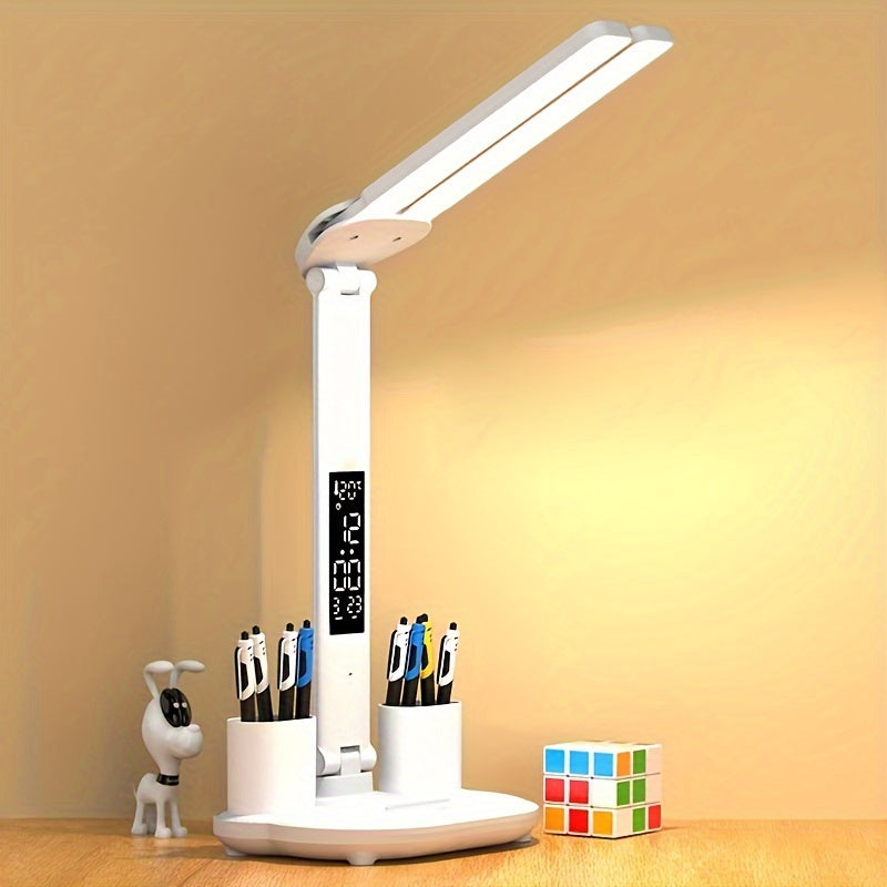 Multifunction LED Touch Desk Lamp | Foldable Dual-Head with Clock, Calendar & USB Cable