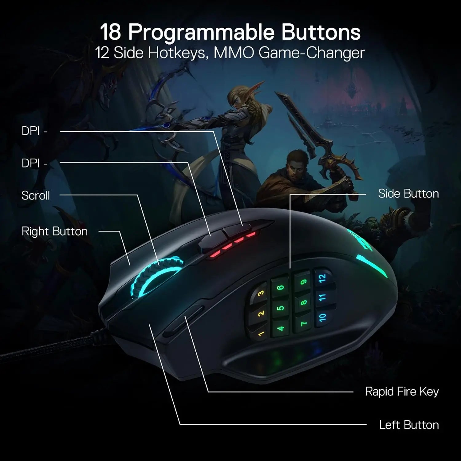 Redragon M908 Gaming Mouse 18 Programmable Mouse Buttons 12400 DPI