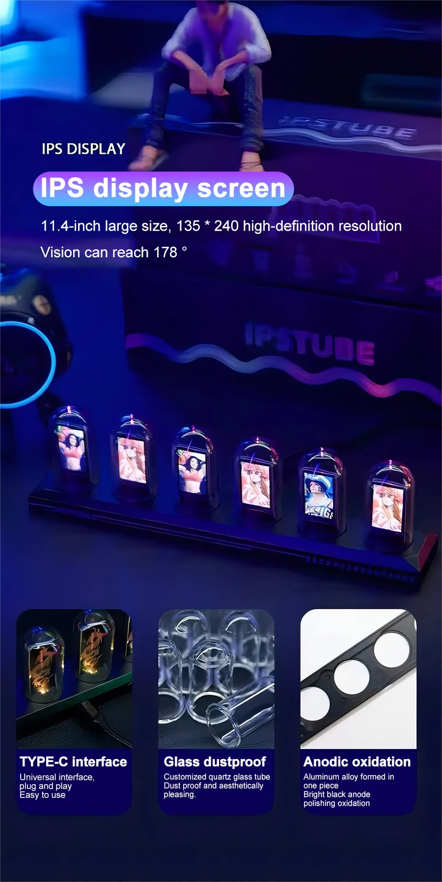 RGB Nixie Tube Clock with IPS Display – Unique Desktop & Gaming Room Decor