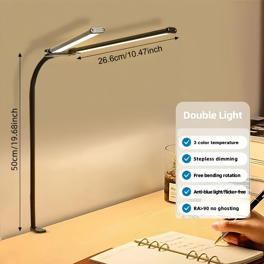 2-Head LED Clip Desk Lamp | 3 Modes | 10 Brightness Levels | With USB Adapter