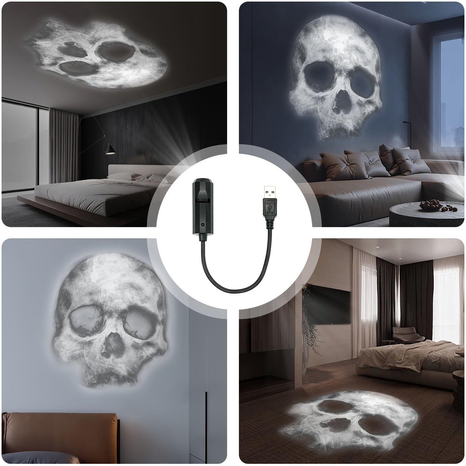 Skull LED Night Light | 360° Rotating USB Halloween Lamp with Interchangeable Faces | Projection Lamp