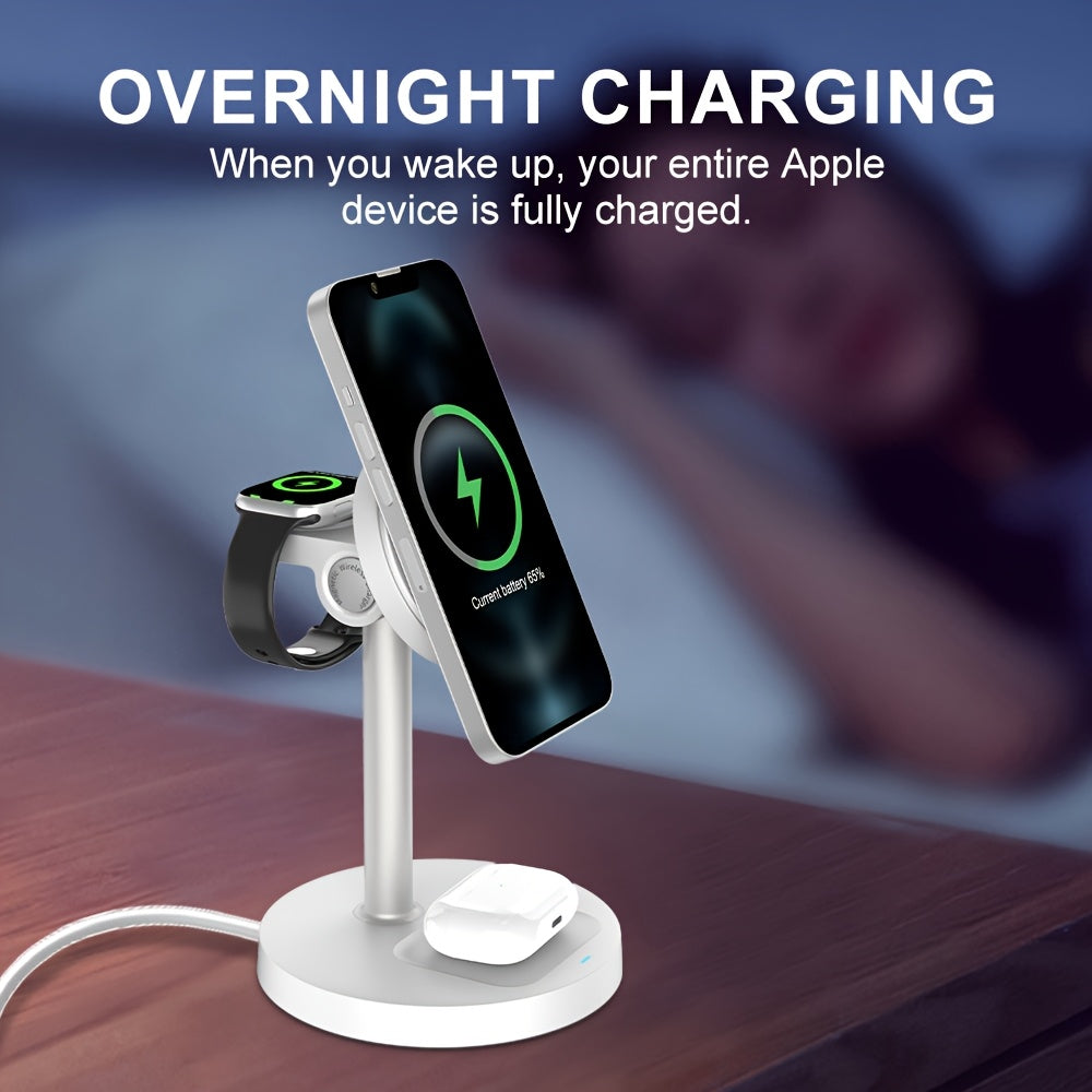 3-in-1 Magnetic Wireless Charger Stand | Adjustable | Heat Dissipation | For iPhone, Apple Watch & AirPods