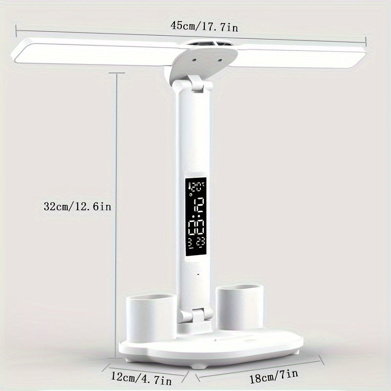 Multifunction LED Touch Desk Lamp | Foldable Dual-Head with Clock, Calendar & USB Cable
