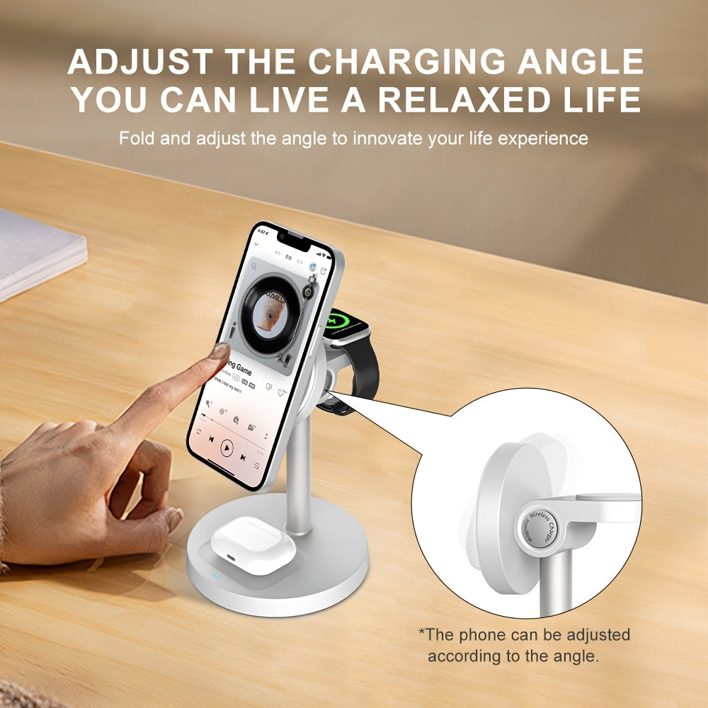 3-in-1 Magnetic Wireless Charger Stand | Adjustable | Heat Dissipation | For iPhone, Apple Watch & AirPods