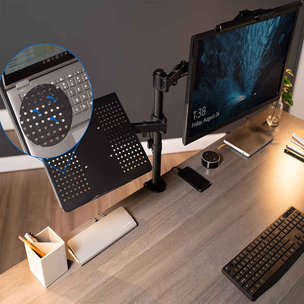 LOCSEE Adjustable Aluminium Monitor Stand with Rotating Arm & Laptop Holder | Fits 13″–32″ Screens, Up to 17″ Laptops, Supports 10 kg