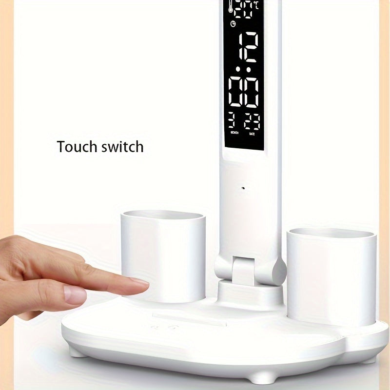 Multifunction LED Touch Desk Lamp | Foldable Dual-Head with Clock, Calendar & USB Cable