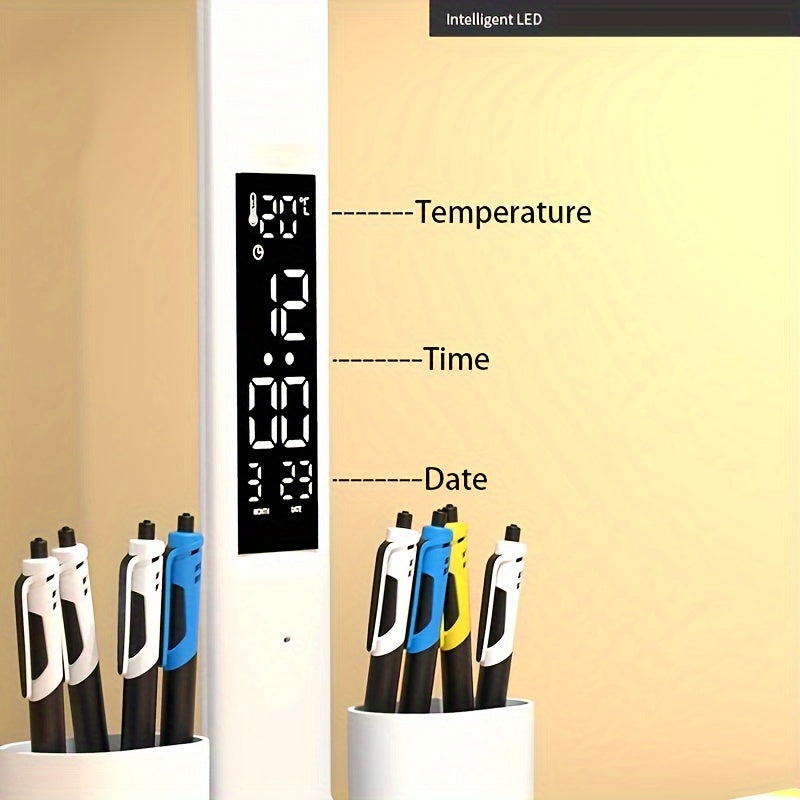 Multifunction LED Touch Desk Lamp | Foldable Dual-Head with Clock, Calendar & USB Cable