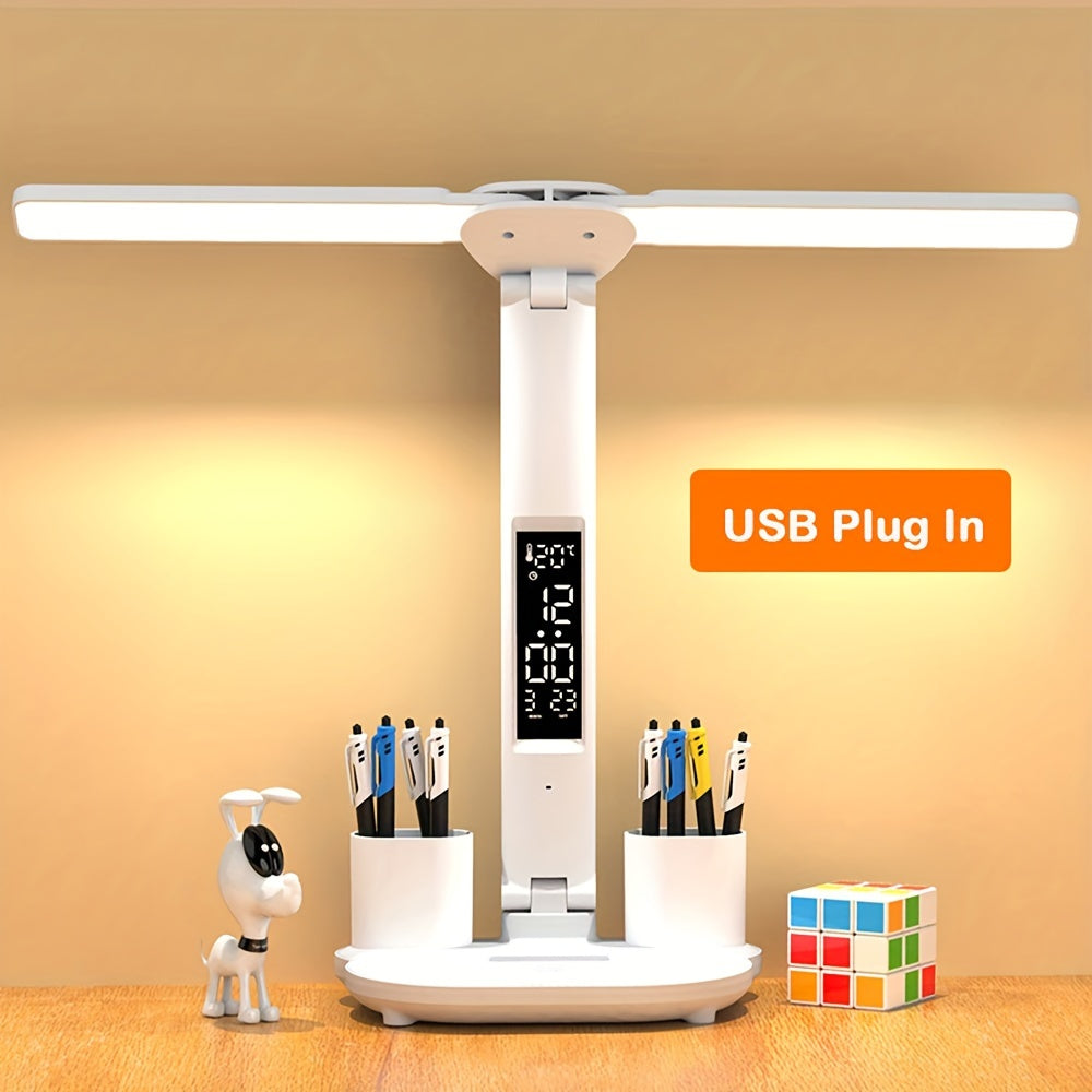 Multifunction LED Touch Desk Lamp | Foldable Dual-Head with Clock, Calendar & USB Cable