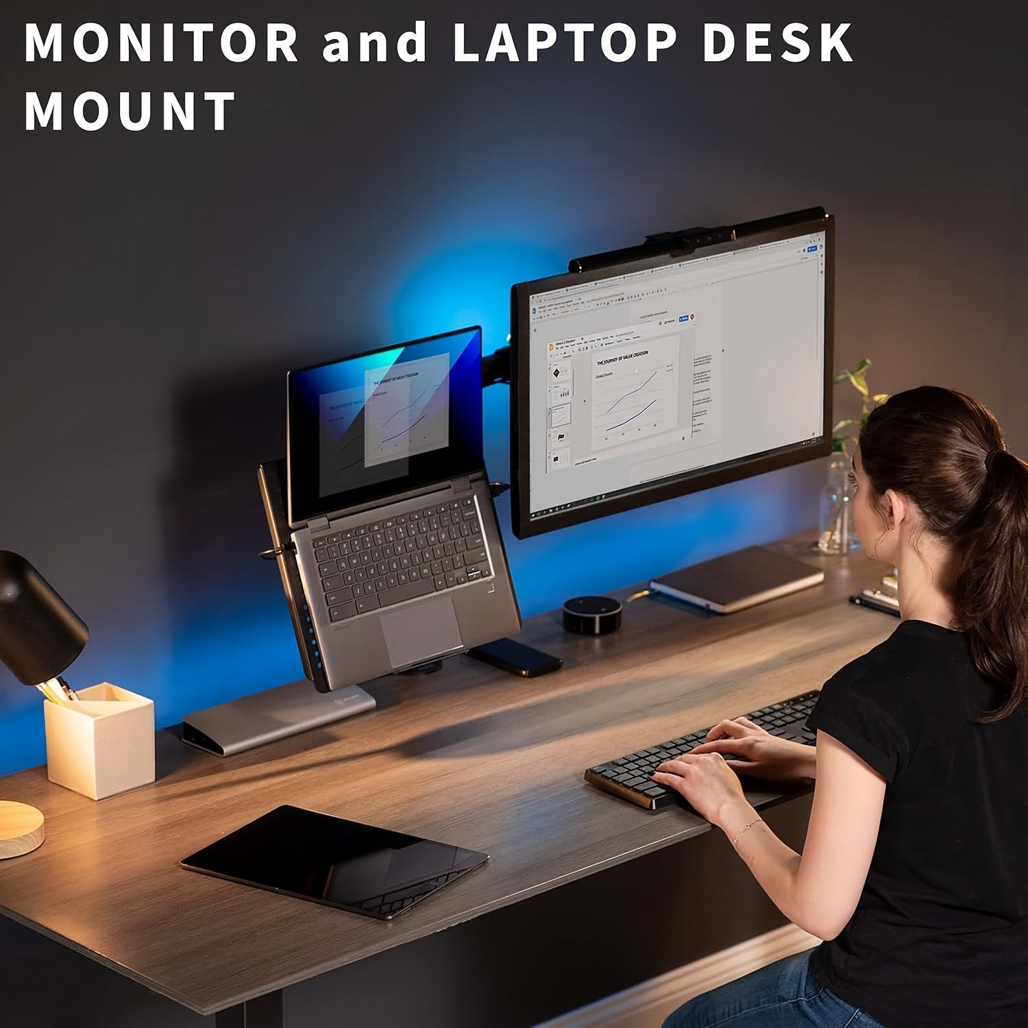 LOCSEE Adjustable Aluminium Monitor Stand with Rotating Arm & Laptop Holder | Fits 13″–32″ Screens, Up to 17″ Laptops, Supports 10 kg
