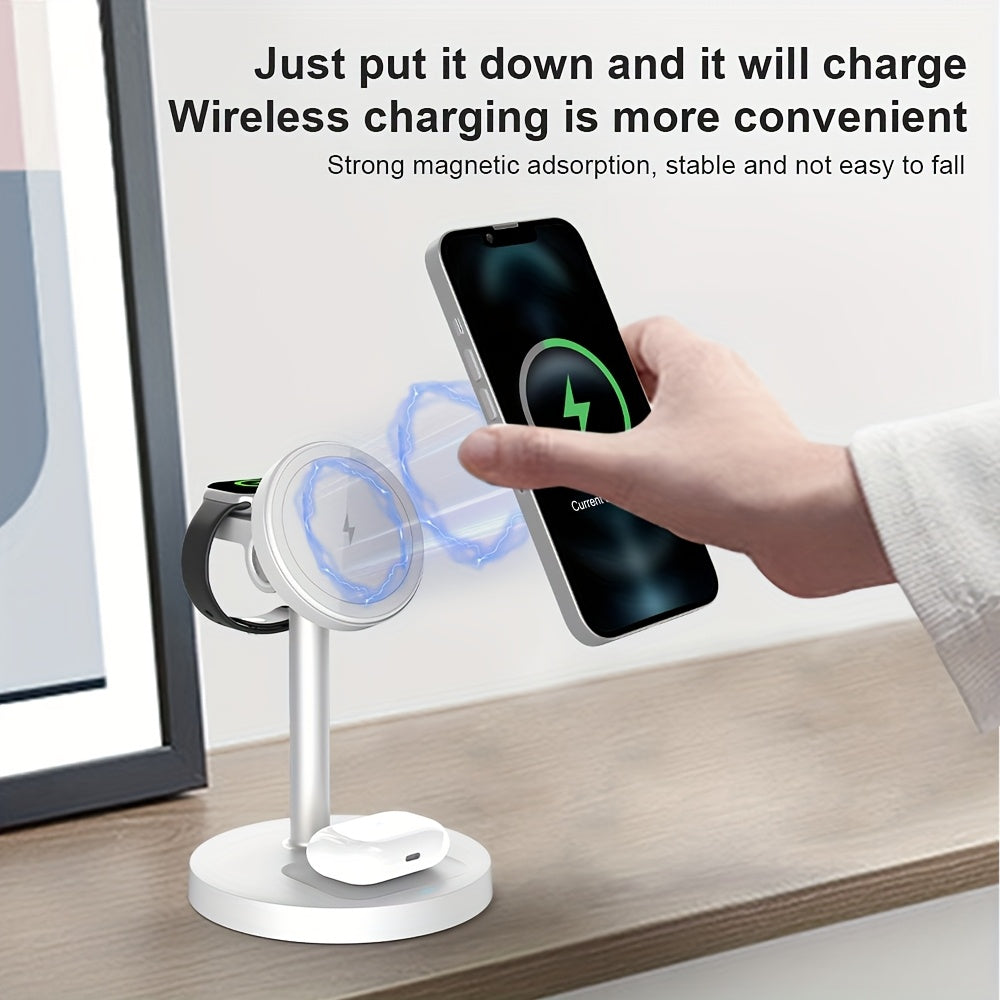3-in-1 Magnetic Wireless Charger Stand | Adjustable | Heat Dissipation | For iPhone, Apple Watch & AirPods